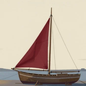 Gouache painting of a wooden boat on a cradle with a tall mast and a large dark vermilion sail