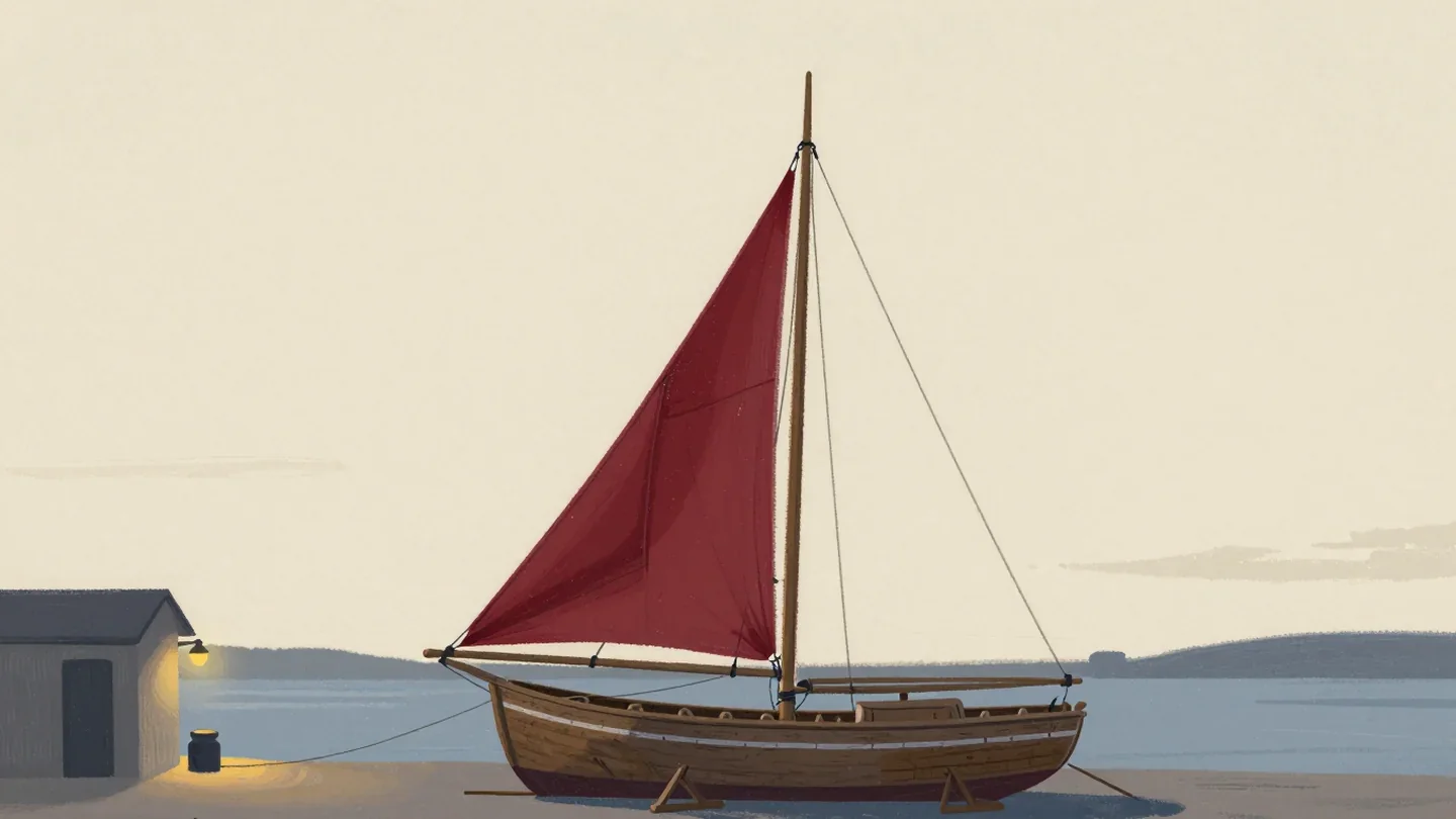 Gouache painting of a wooden boat on a cradle with a tall mast and a large dark vermilion sail