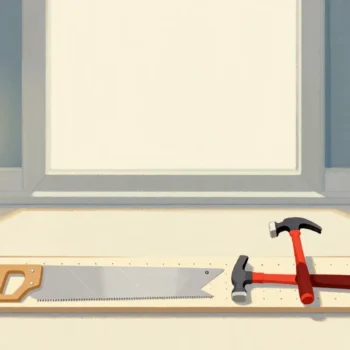 Gouache painting of a long pegboard on a table with pliers, a saw, two vermilion-handled hammers, one set crosswise out of line