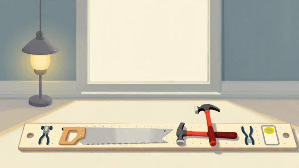 Gouache painting of a long pegboard on a table with pliers, a saw, two vermilion-handled hammers, one set crosswise out of line
