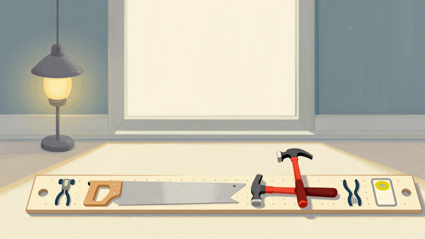 Gouache painting of a long pegboard on a table with pliers, a saw, two vermilion-handled hammers, one set crosswise out of line