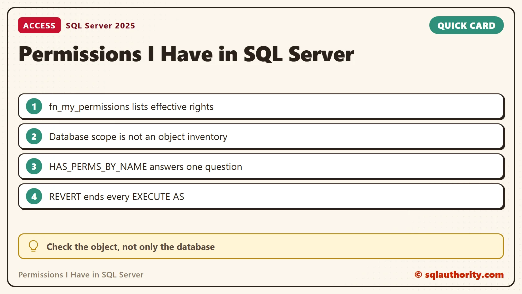 Quick reference card: Permissions I Have in SQL Server: Check Database, Server and Object Access