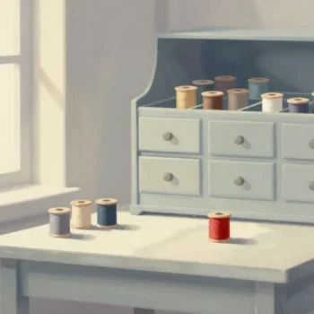 Gouache painting of a small sewing table with a few spools, one red, in front of a tall chest of drawers