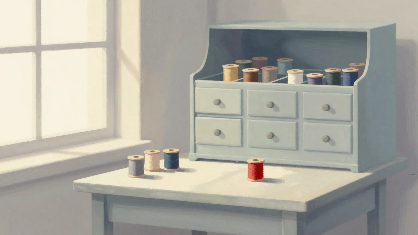 Gouache painting of a small sewing table with a few spools, one red, in front of a tall chest of drawers