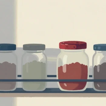 Gouache painting of a rack of spice jars of different sizes with one worn jar lid in vermilion