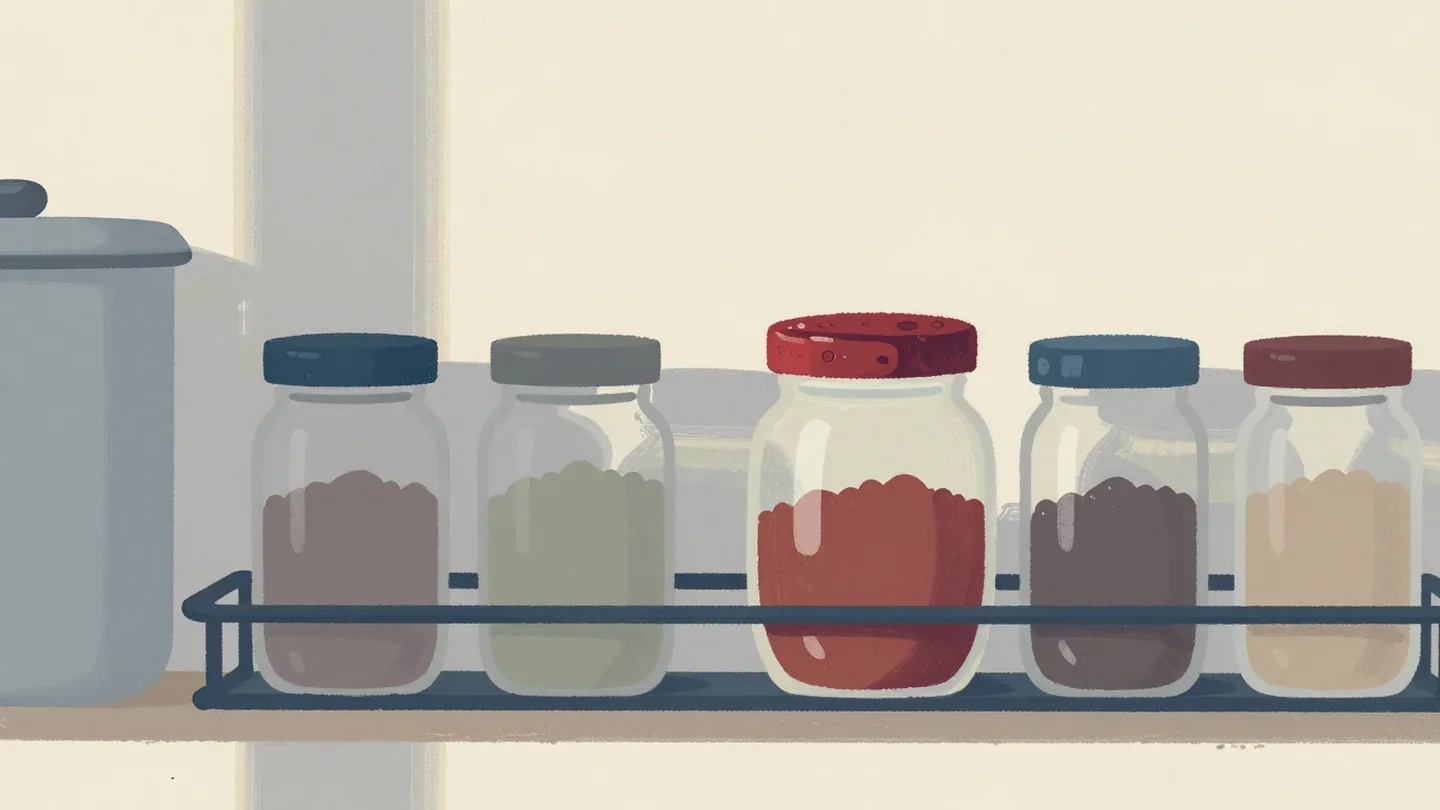 Gouache painting of a rack of spice jars of different sizes with one worn jar lid in vermilion