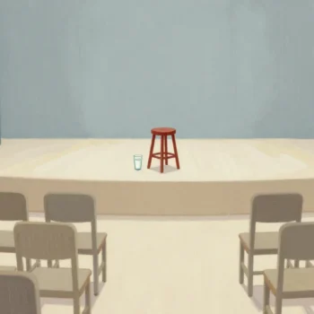 Gouache painting of a small hall of empty chairs facing a stage with a red stool and a glass of water