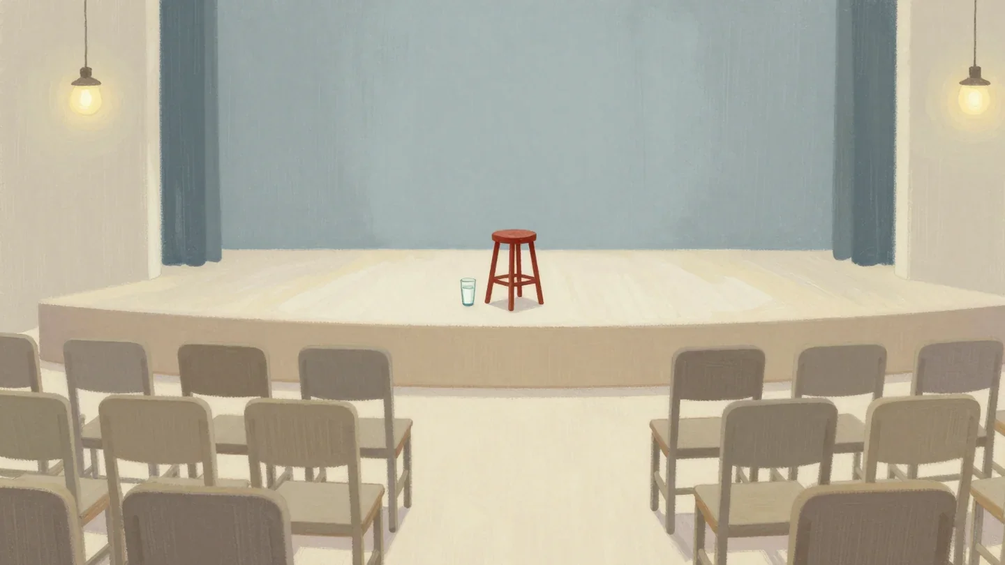 Gouache painting of a small hall of empty chairs facing a stage with a red stool and a glass of water