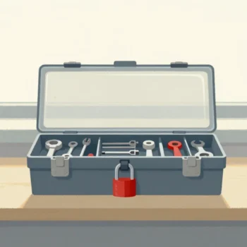 Gouache painting of a toolbox with a clear lid and a vermilion padlock