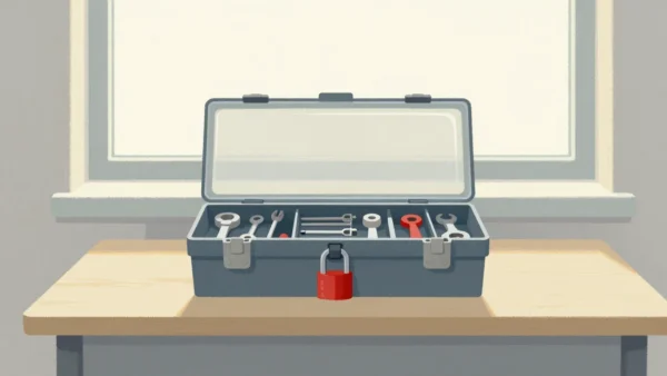 Gouache painting of a toolbox with a clear lid and a vermilion padlock