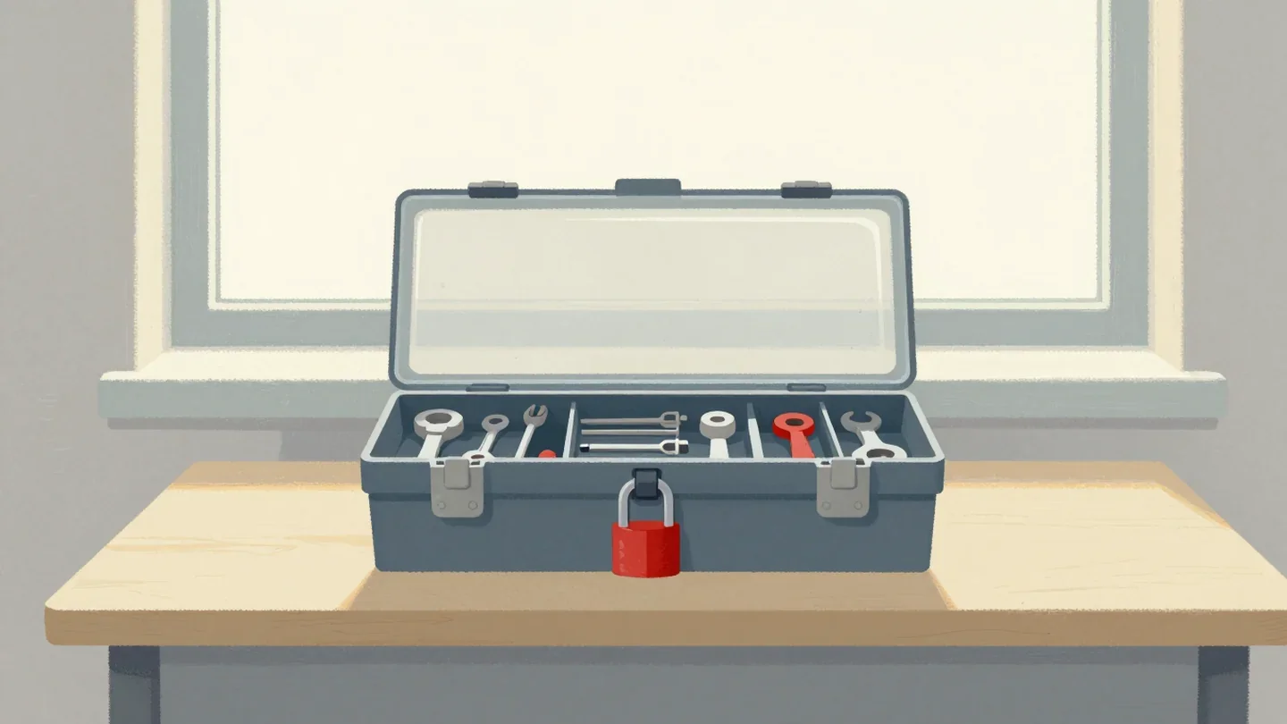 Gouache painting of a toolbox with a clear lid and a vermilion padlock