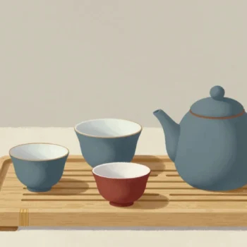 Gouache painting of three differently shaped tea cups on a bamboo tray beside a slate blue teapot, the small one vermilion