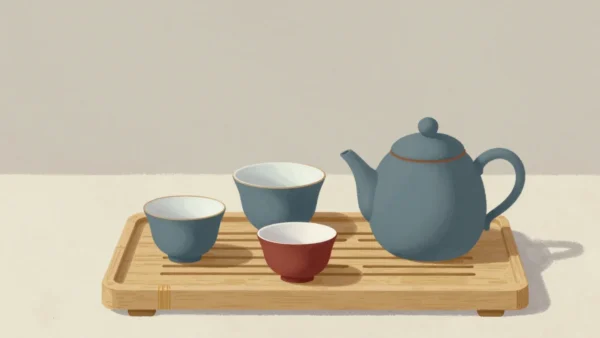 Gouache painting of three differently shaped tea cups on a bamboo tray beside a slate blue teapot, the small one vermilion