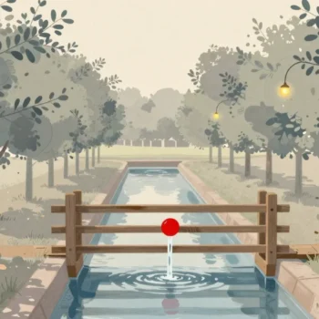 Gouache painting of an orchard irrigation channel with a lifted red wooden gate letting water flow through