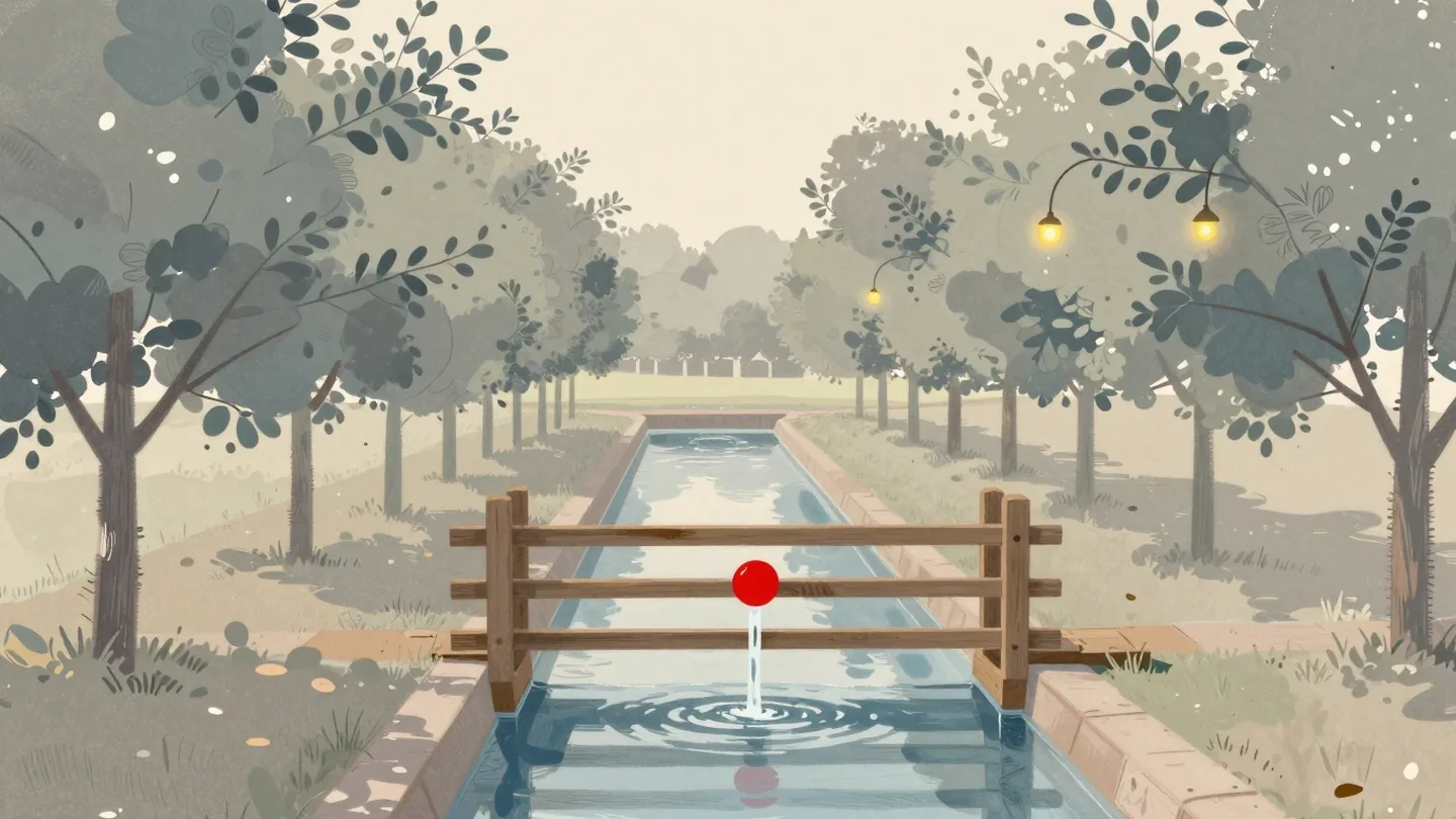 Gouache painting of an orchard irrigation channel with a lifted red wooden gate letting water flow through