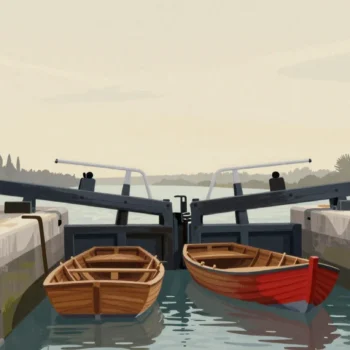Gouache painting of several rowboats waiting at a canal lock with one vermilion boat edging ahead