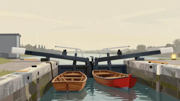 Gouache painting of several rowboats waiting at a canal lock with one vermilion boat edging ahead