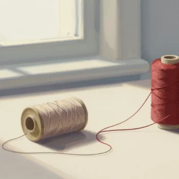 Gouache painting of a tangled old thread spool beside a fresh vermilion spool on a sewing table