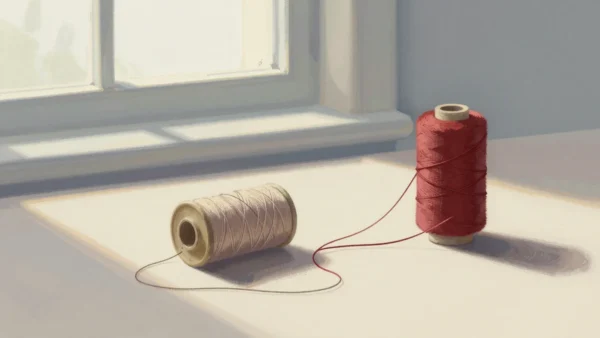 Gouache painting of a tangled old thread spool beside a fresh vermilion spool on a sewing table