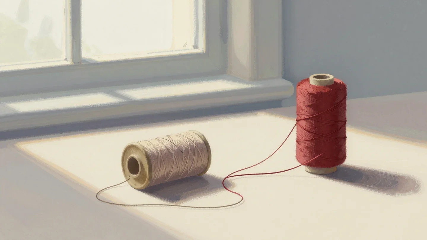Gouache painting of a tangled old thread spool beside a fresh vermilion spool on a sewing table