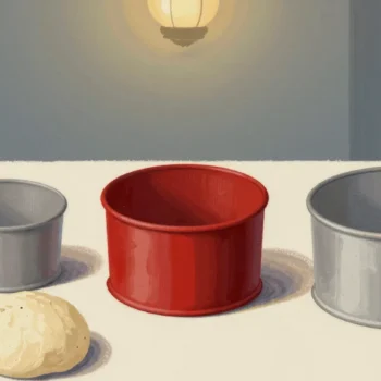 Gouache painting of a lump of dough beside three baking tins of different sizes, the medium one vermilion