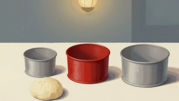 Gouache painting of a lump of dough beside three baking tins of different sizes, the medium one vermilion