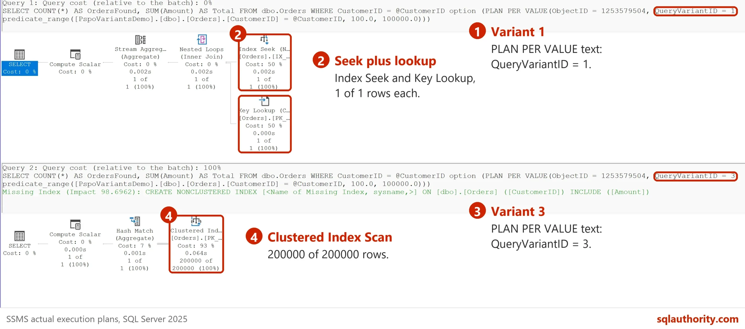 Two actual plans of the parameterized query. Plan 1 with PLAN PER VALUE QueryVariantID = 1 is an Index Seek and Key Lookup returning 1 row. Plan 2 with QueryVariantID = 3 is a Clustered Index Scan of 200000 rows.