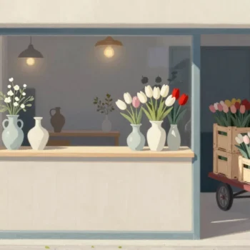 Gouache painting of a flower shop with an open door and a cart of vermilion tulip crates outside