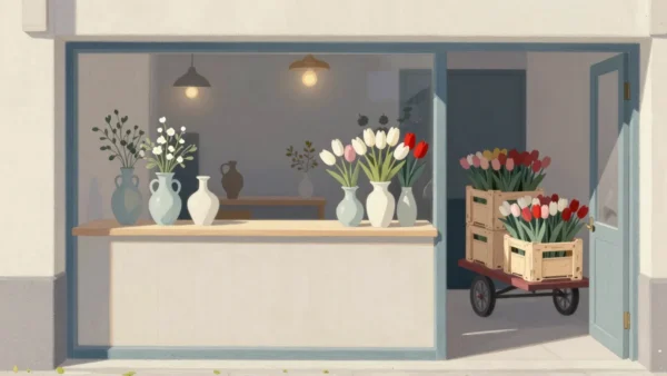 Gouache painting of a flower shop with an open door and a cart of vermilion tulip crates outside