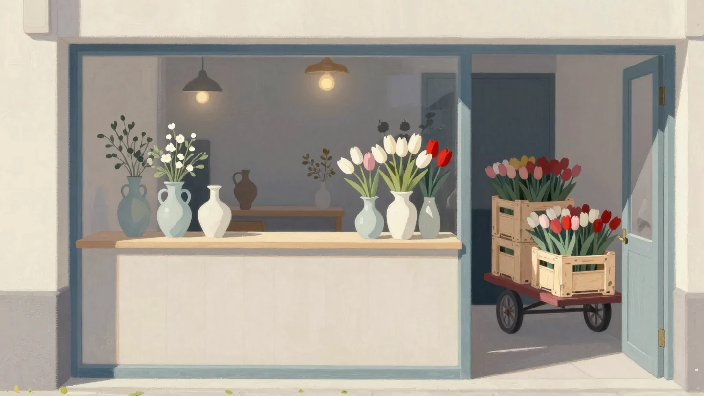 Gouache painting of a flower shop with an open door and a cart of vermilion tulip crates outside