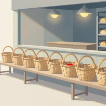 Gouache painting of a row of wicker baskets on a bench beside a full shelf of oven rolls, one basket holding a vermilion item