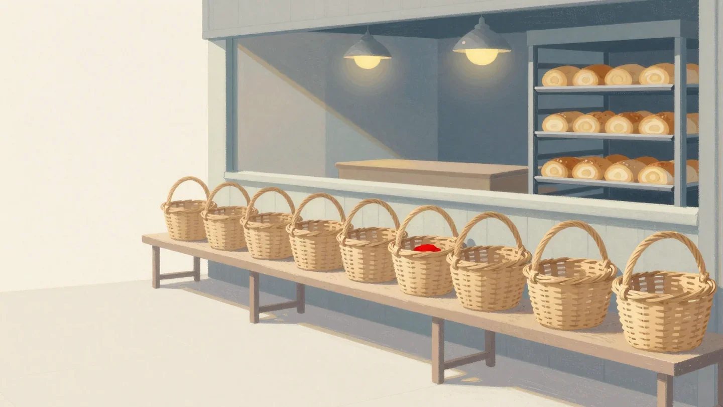 Gouache painting of a row of wicker baskets on a bench beside a full shelf of oven rolls, one basket holding a vermilion item