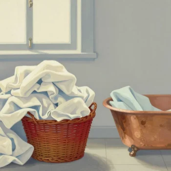 Gouache painting of an overflowing vermilion basket of linens beside a single copper washtub