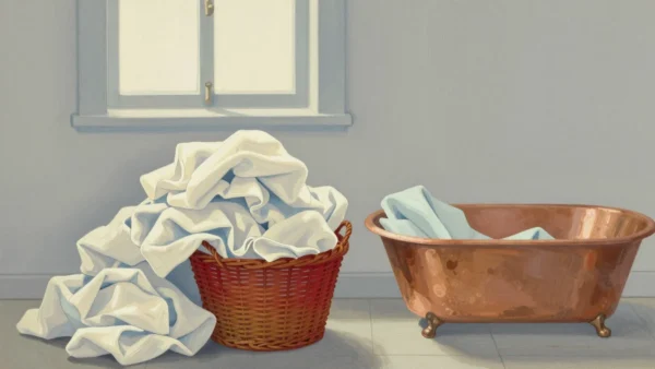 Gouache painting of an overflowing vermilion basket of linens beside a single copper washtub