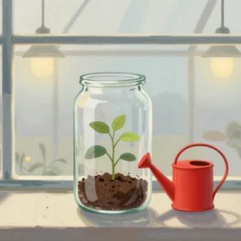 Gouache painting of a seedling in a glass jar on a windowsill with a vermilion watering can beside it