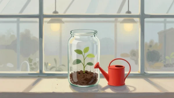 Gouache painting of a seedling in a glass jar on a windowsill with a vermilion watering can beside it
