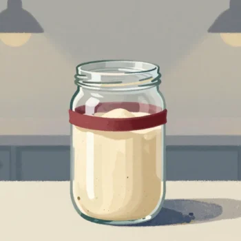 Gouache painting of a tall glass jar of rising dough with a vermilion rubber band marking where it started