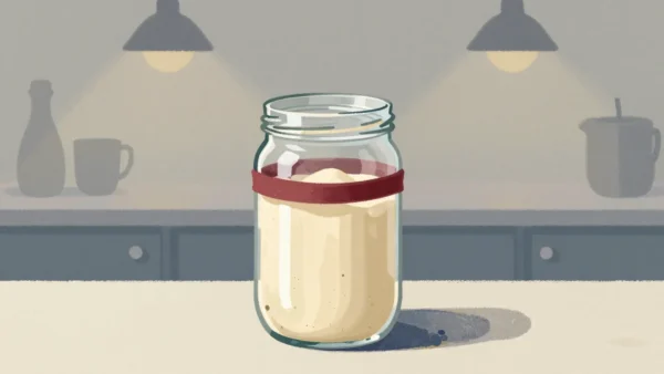 Gouache painting of a tall glass jar of rising dough with a vermilion rubber band marking where it started