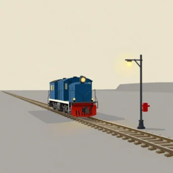 Gouache painting of a small blue locomotive on a straight track beside a lamp post with a vermilion lever
