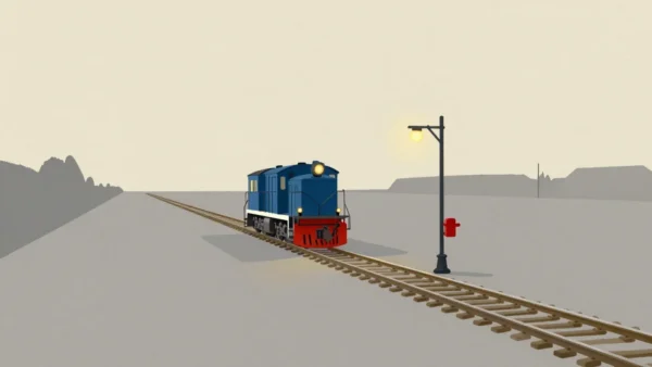 Gouache painting of a small blue locomotive on a straight track beside a lamp post with a vermilion lever