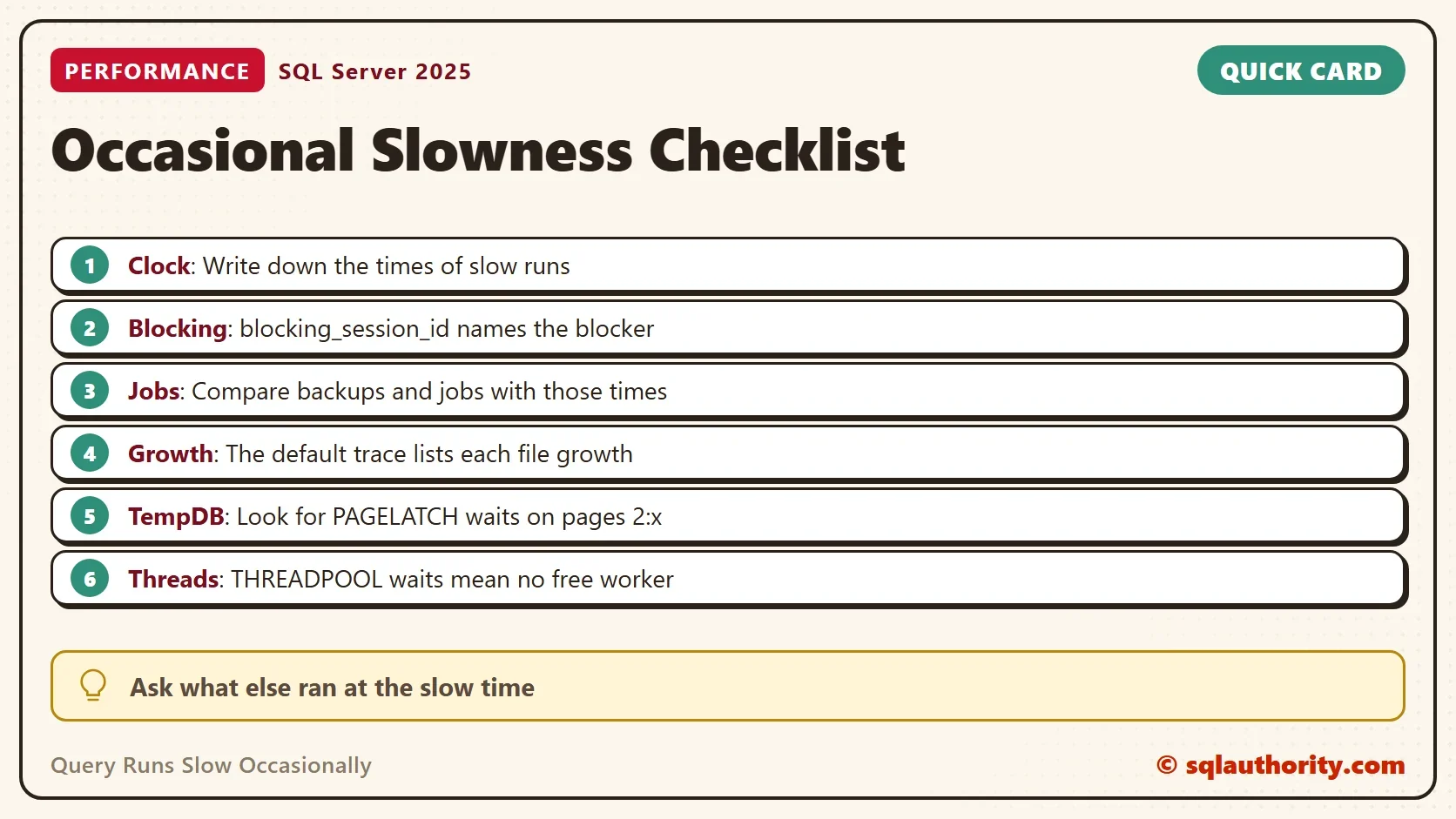 Quick card titled Occasional Slowness Checklist: Clock: Write down the times of slow runs. Blocking: blocking_session_id names the blocker. Jobs: Compare backups and jobs with those times. Growth: The default trace lists each file growth. TempDB: Look for PAGELATCH waits on pages 2:x. Threads: THREADPOOL waits mean no free worker. Ask what else ran at the slow time.