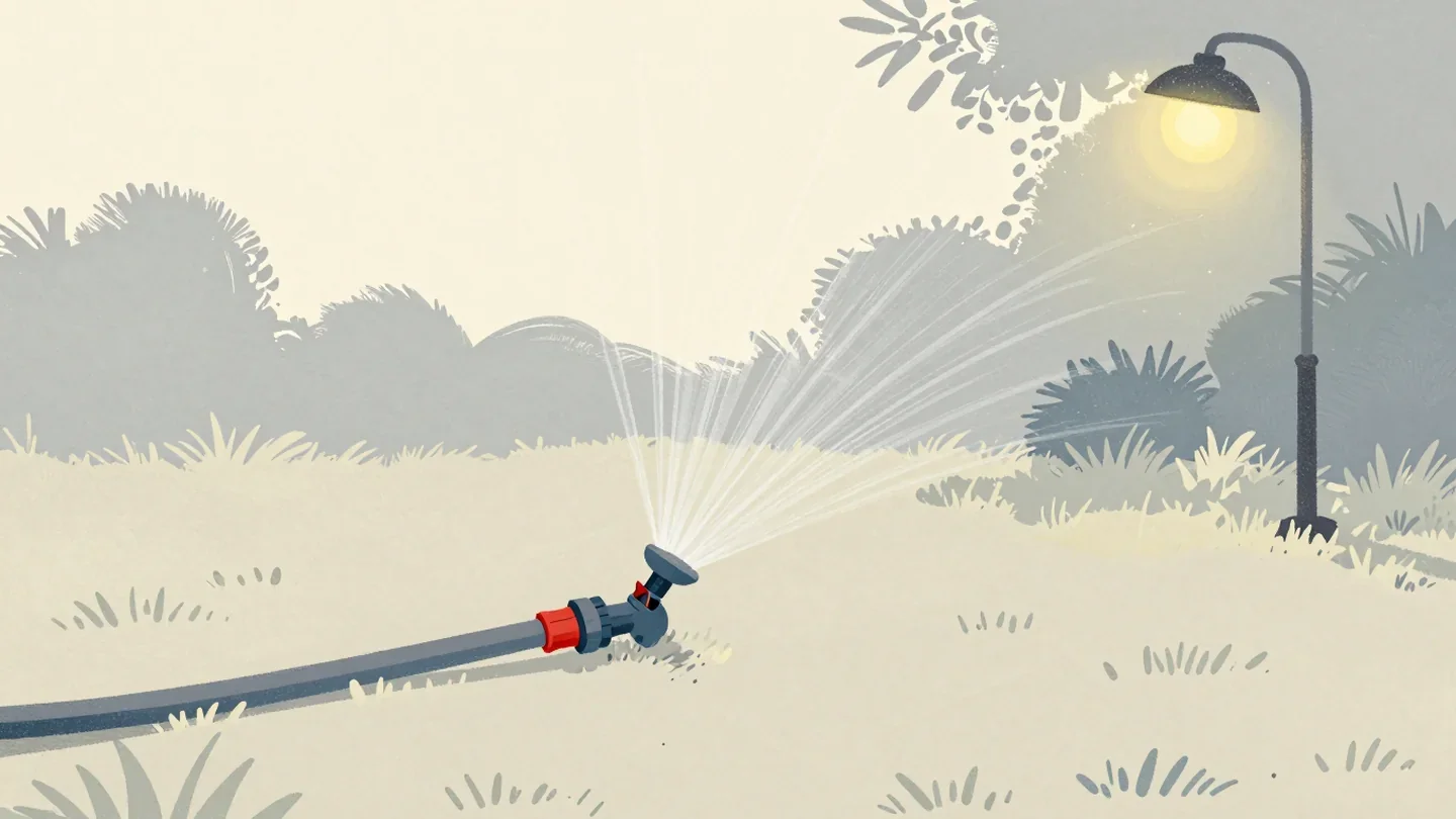 Gouache painting of a garden hose with a kink held by a vermilion clip and a sputtering sprinkler beyond