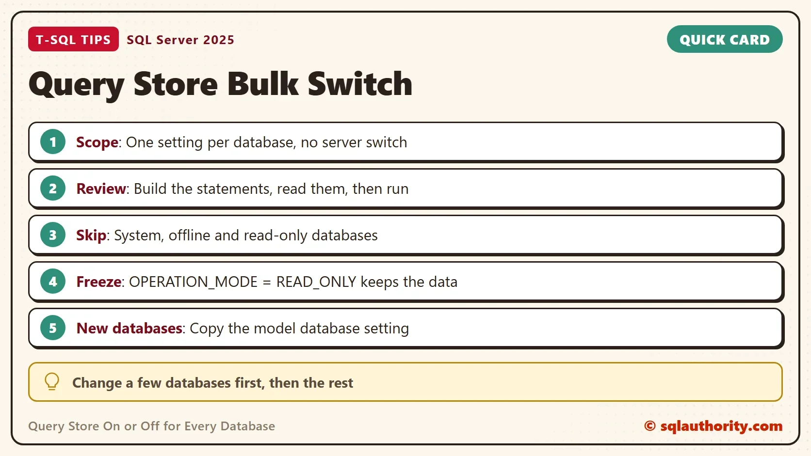 Quick card titled Query Store Bulk Switch: Scope: One setting per database, no server switch. Review: Build the statements, read them, then run. Skip: System, offline and read-only databases. Freeze: OPERATION_MODE = READ_ONLY keeps the data. New databases: Copy the model database setting. Change a few databases first, then the rest.