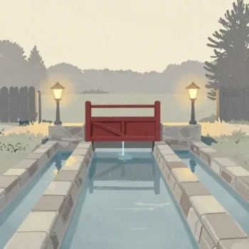 Gouache painting of a wide channel splitting into small garden channels through one vermilion sluice gate