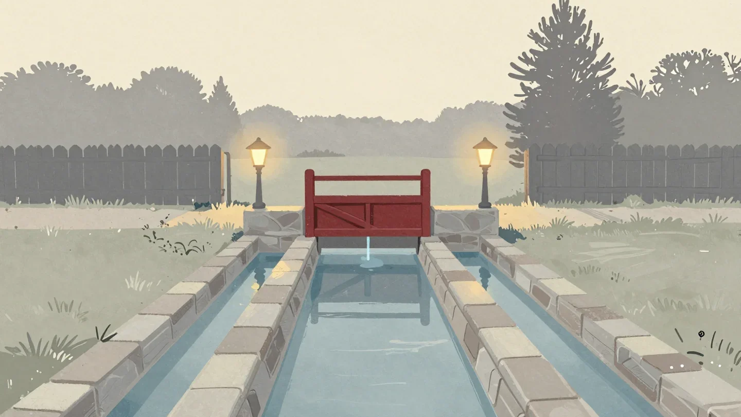 Gouache painting of a wide channel splitting into small garden channels through one vermilion sluice gate