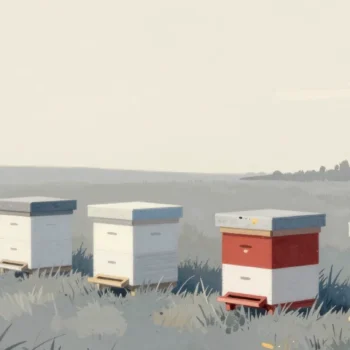 Gouache painting of a row of white beehives in a meadow, some open and some closed, one vermilion