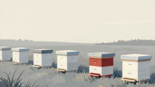 Gouache painting of a row of white beehives in a meadow, some open and some closed, one vermilion