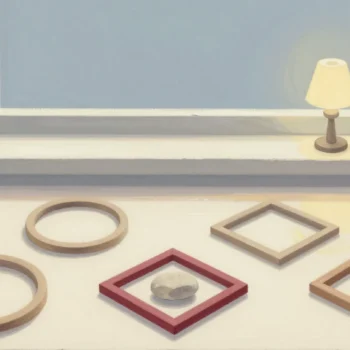 Gouache painting of wooden frames in different shapes each holding a pebble, with the diamond frame in vermilion