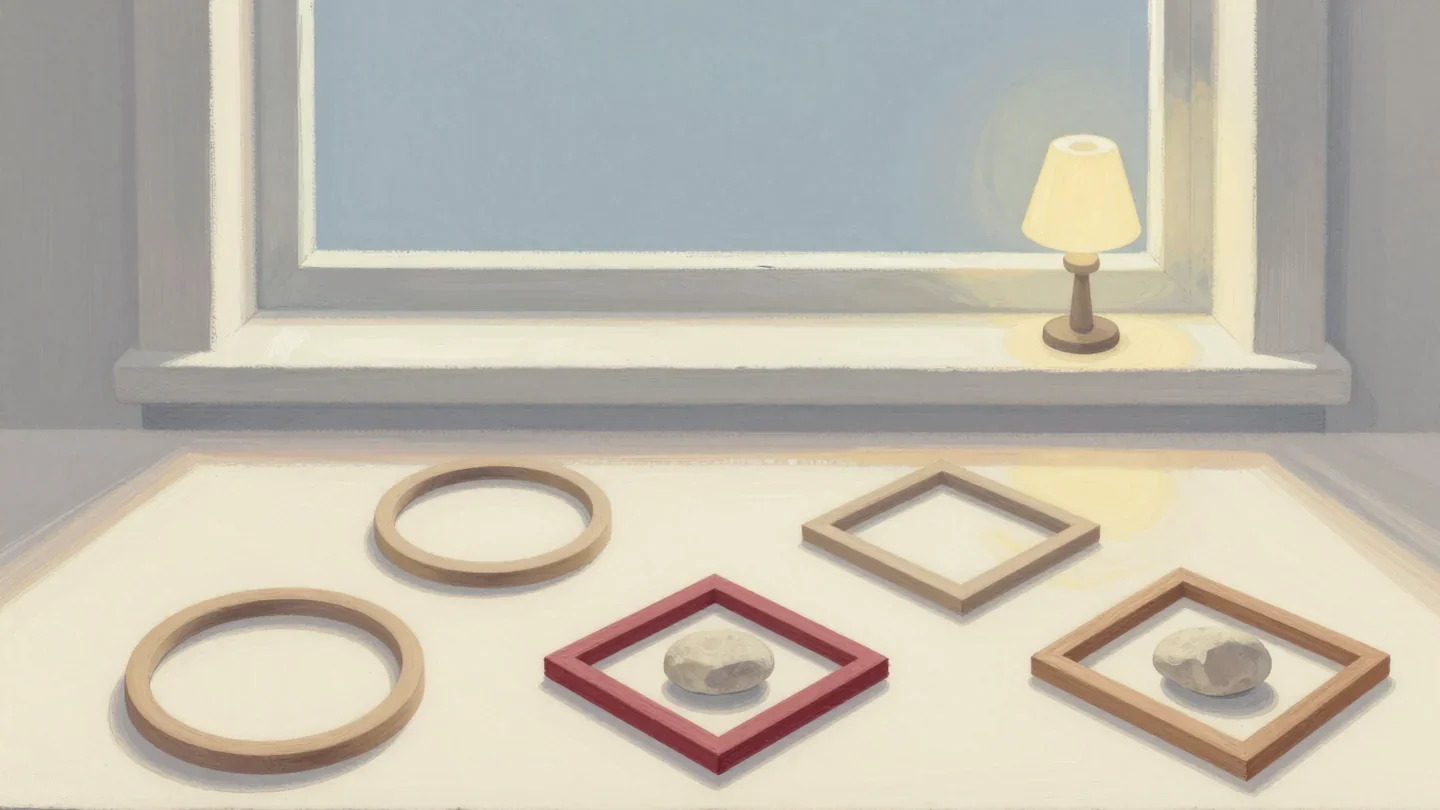 Gouache painting of wooden frames in different shapes each holding a pebble, with the diamond frame in vermilion