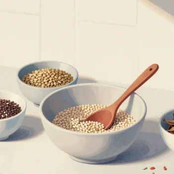 Gouache painting of three bowls of seeds beside a mixing bowl with a vermilion wooden spoon